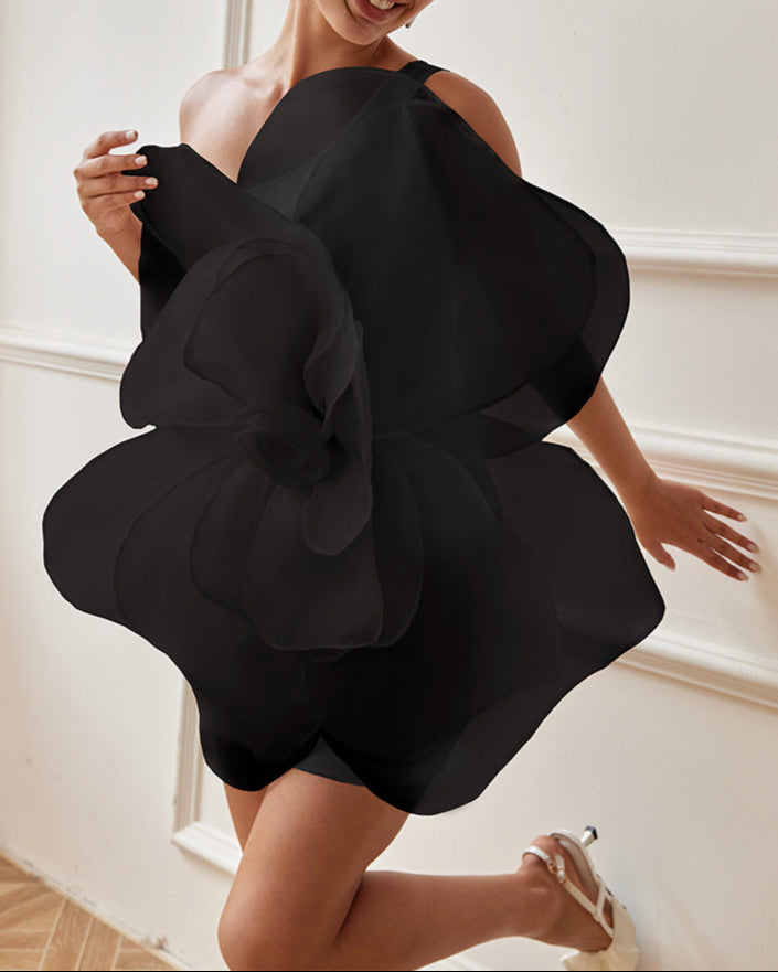 One-shoulder organza mini dress with oversized 3D flower – Barwu
