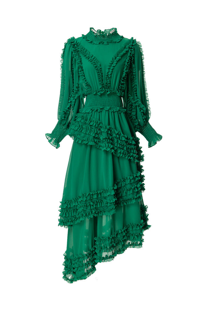 ruffled asymmetrical chiffon dress in emerald – Tharisha