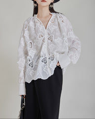 Lace embroidered oversized blouse with button-down front - Bisdy