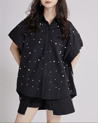 Button-up shirt with ruffled sleeves and embellished neckline - Sirti