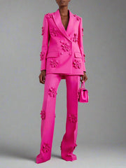 floral applique double-breasted blazer and flared pants set - GHOOTER