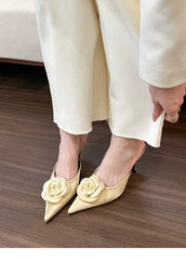 black satin mule heels with oversized rosette appliqué – ROSA