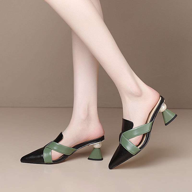 pointed leather mules with green cross straps and flared heels – VERONA