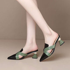 pointed leather mules with green cross straps and flared heels – VERONA