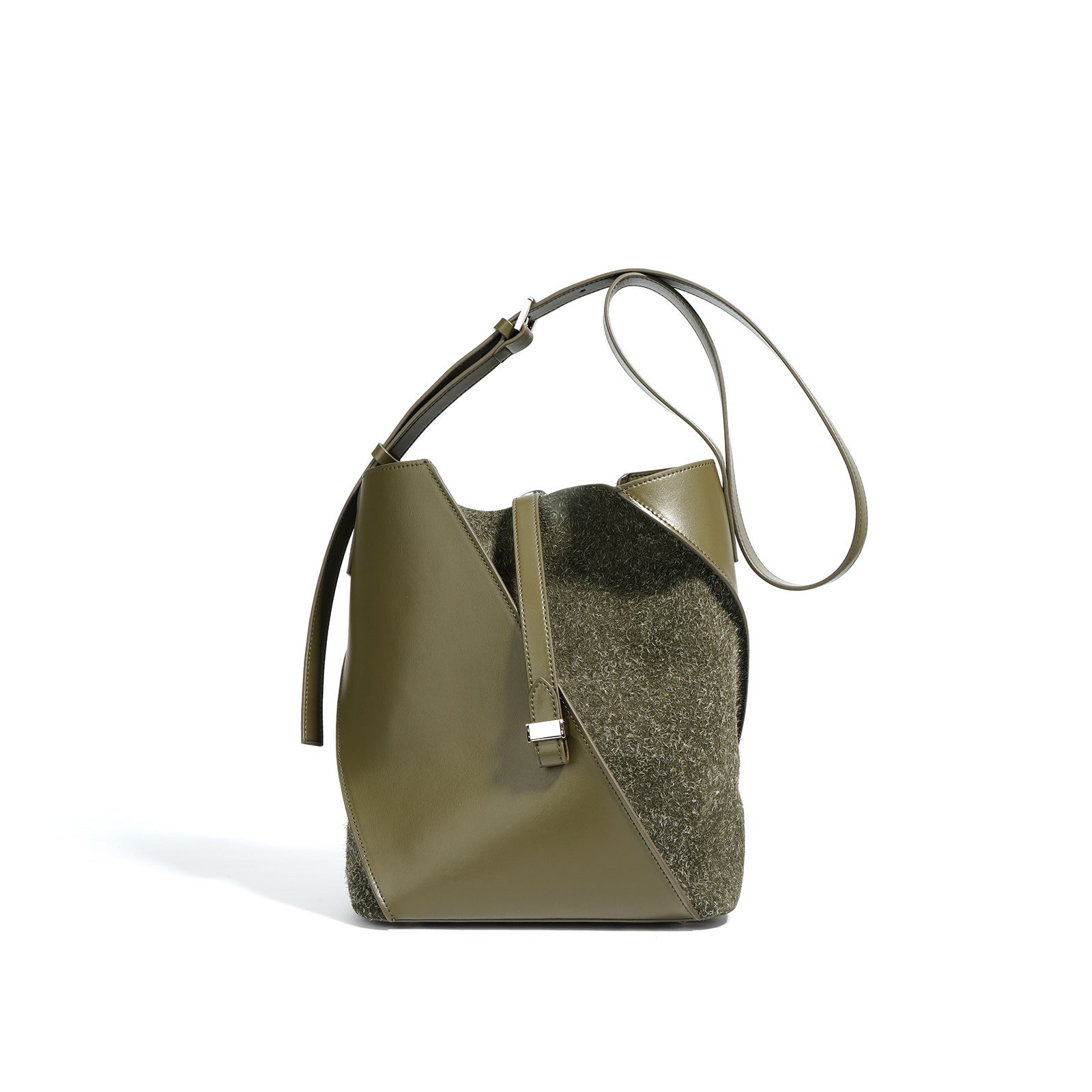 asymmetrical bucket bag with felt panel – SAGE