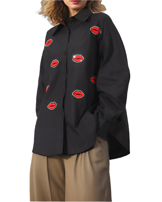 Relaxed oversized shirt with embroidered lips design - Lersi