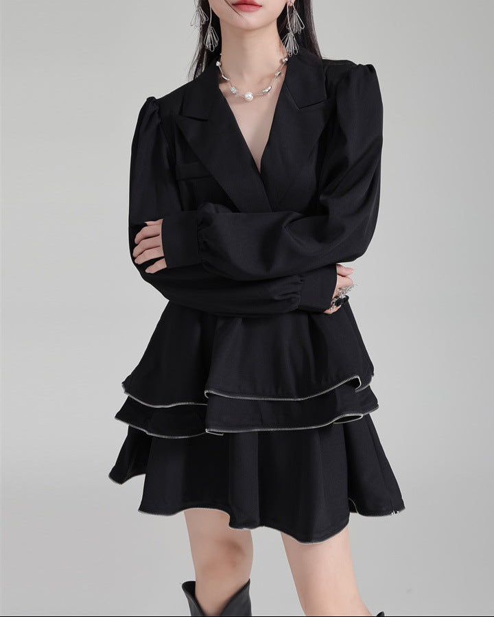 Shirt suit with multi-layered short skirt -