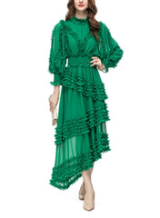 ruffled asymmetrical chiffon dress in emerald – Tharisha