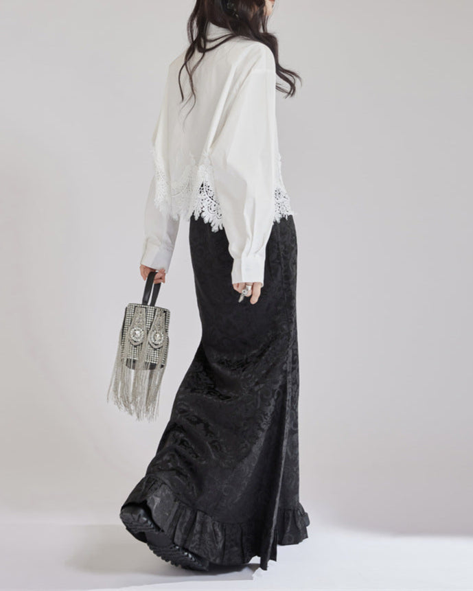 Long sleeve shirt with lace hemline - Cilnu