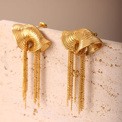 sculpted gold fan earrings with cascading chain tassels – VALINA