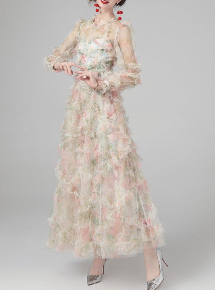 tiered ruffle tulle gown in crimson – Eeshika