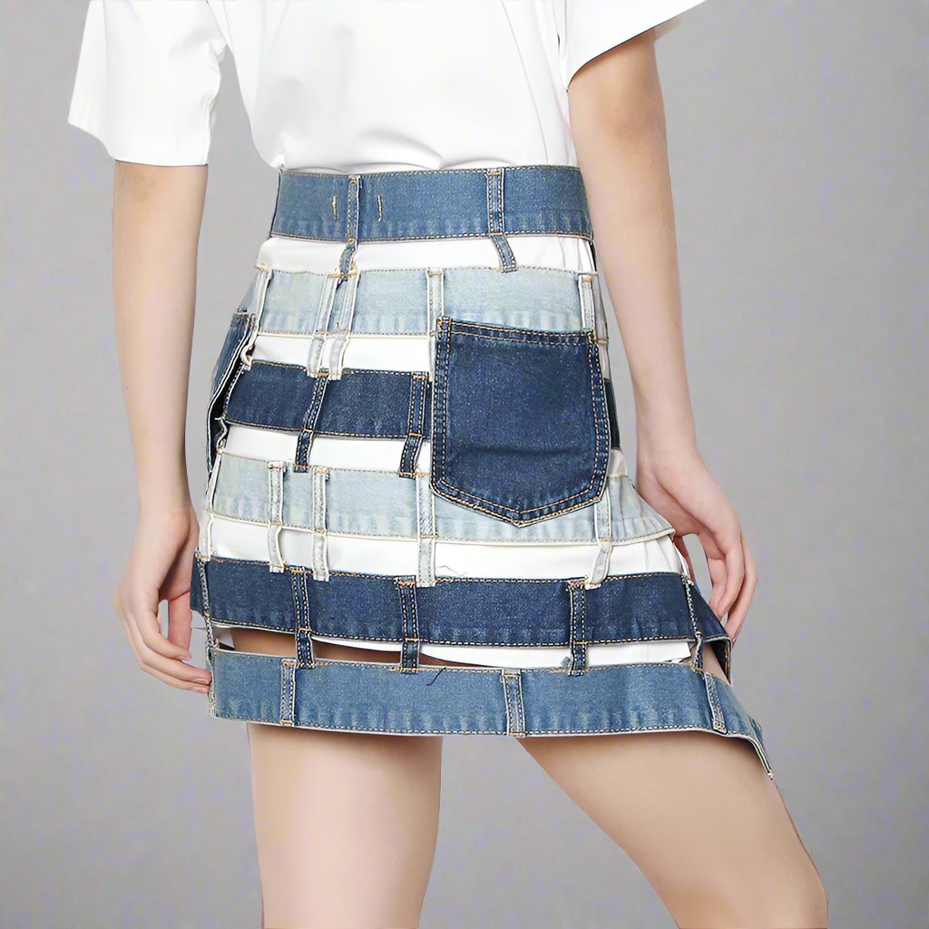 patchwork denim waist belt skirt - Talikha