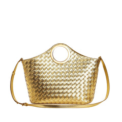 woven leather tote with circular metal handle - ARYAX