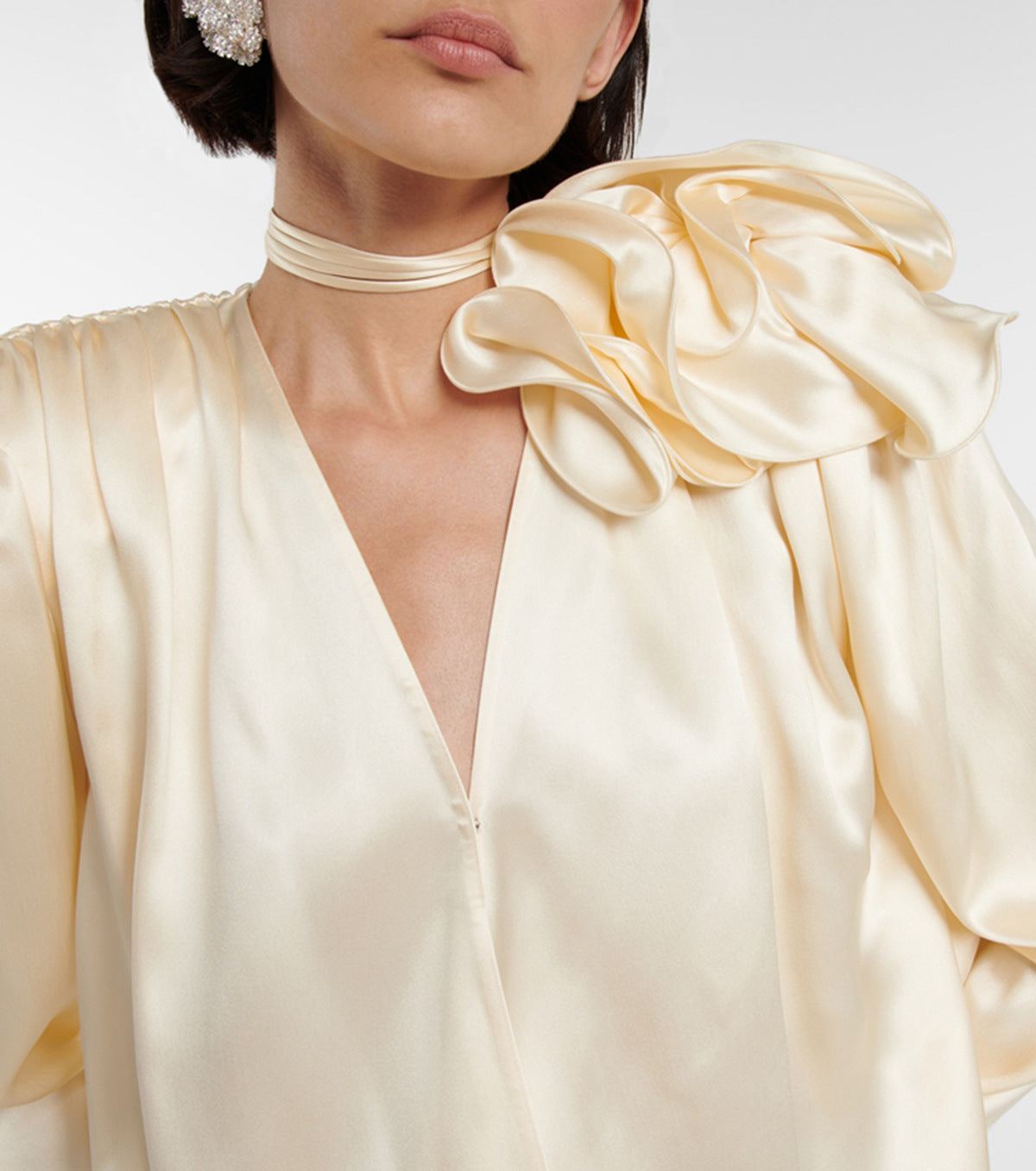 long sleeve satin blouse with floral shoulder detail - Addileigh