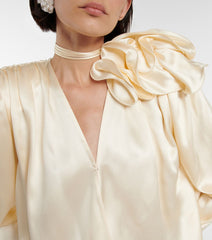 long sleeve satin blouse with floral shoulder detail - Addileigh