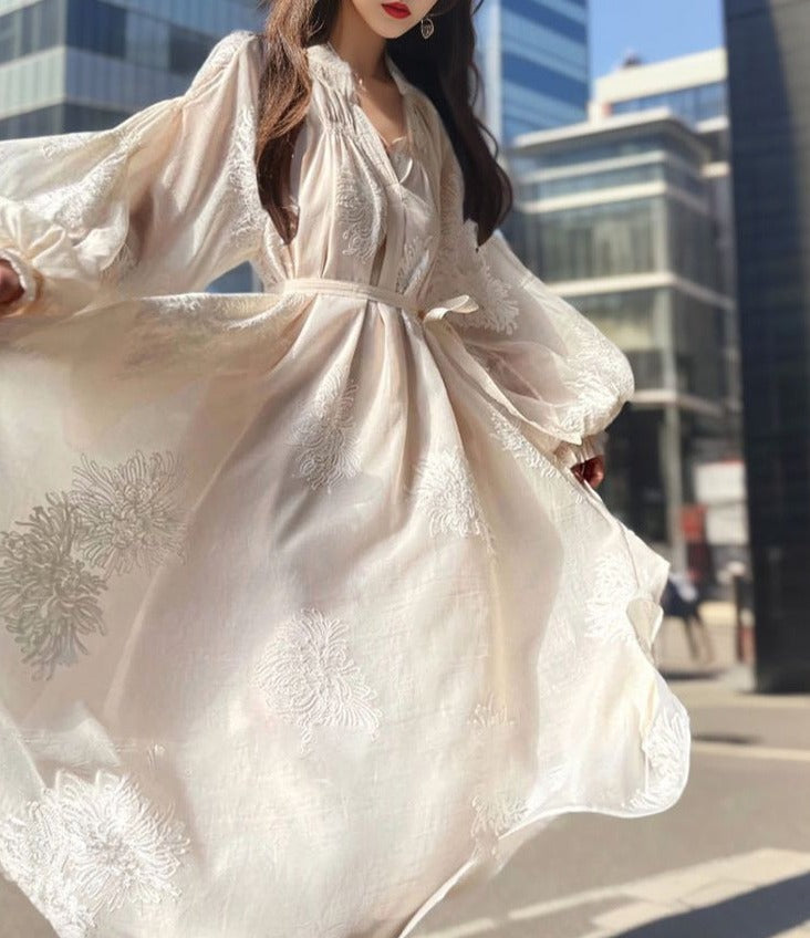 embroidered organza midi dress with puff sleeves – Feeiklig