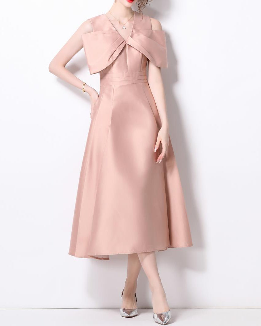 off-shoulder A-line dress with oversized bow – CELIVNE