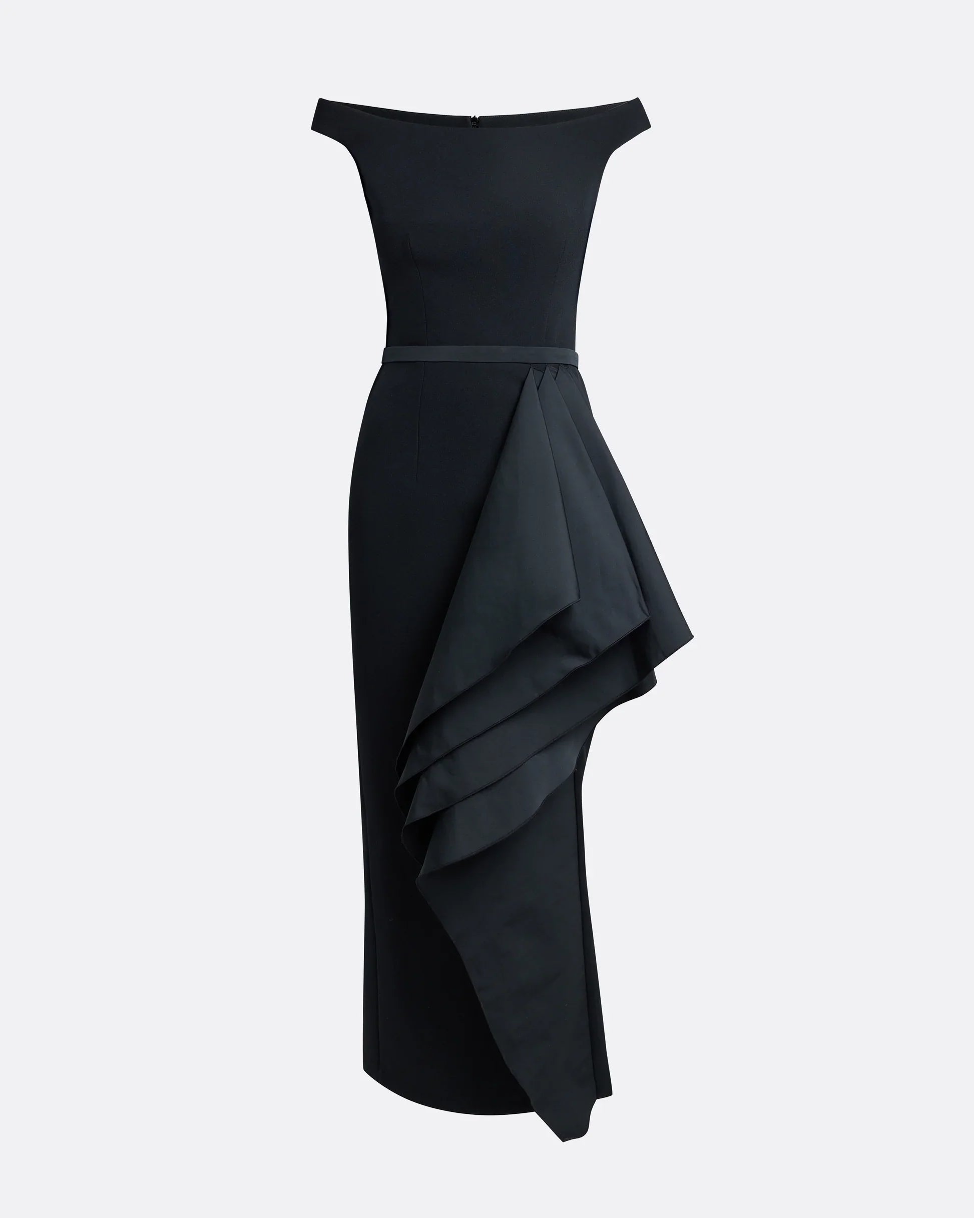 off-shoulder midi dress with layered side ruffle – VELVET