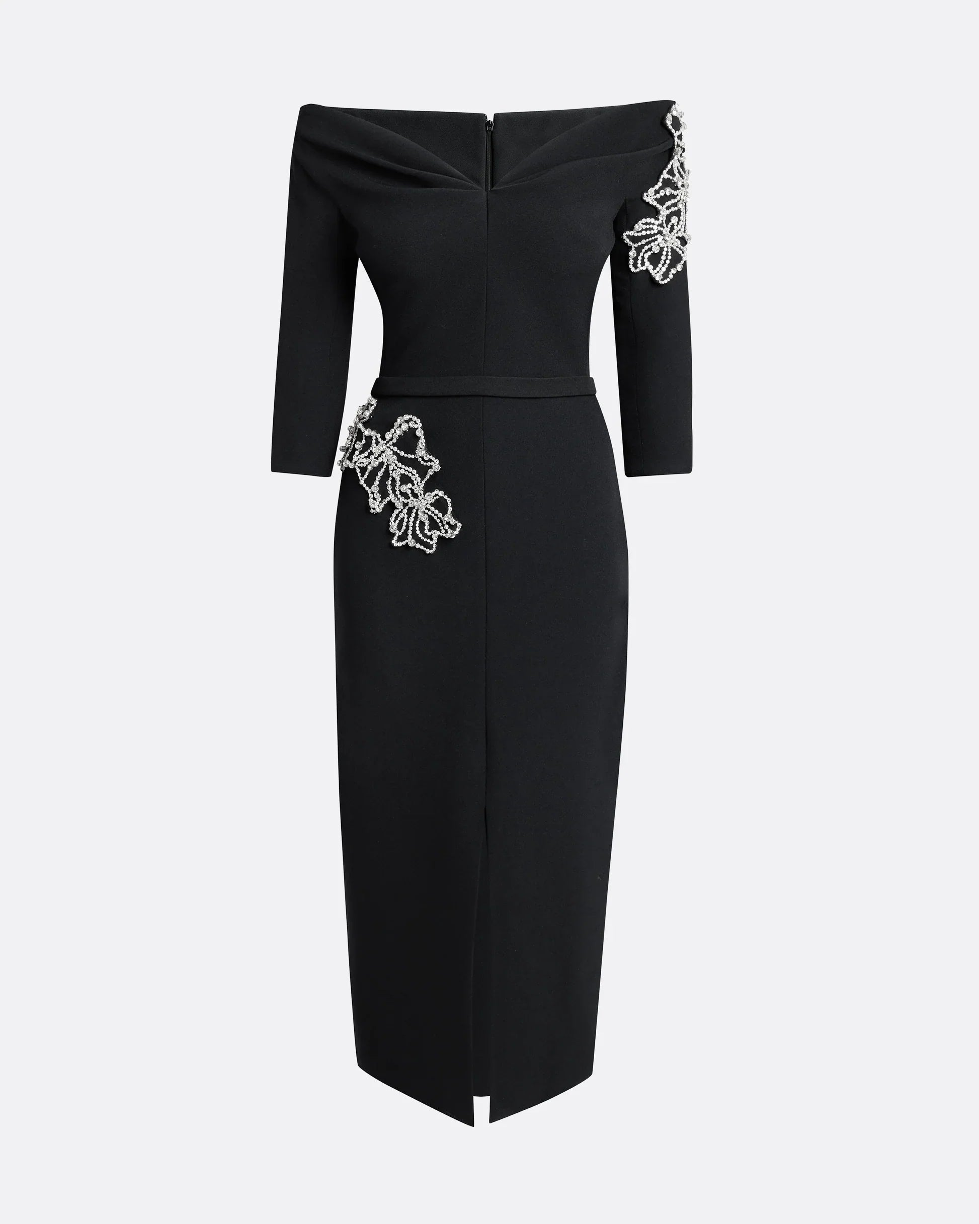 off-shoulder midi dress with pearl floral embroidery – NOIRZ