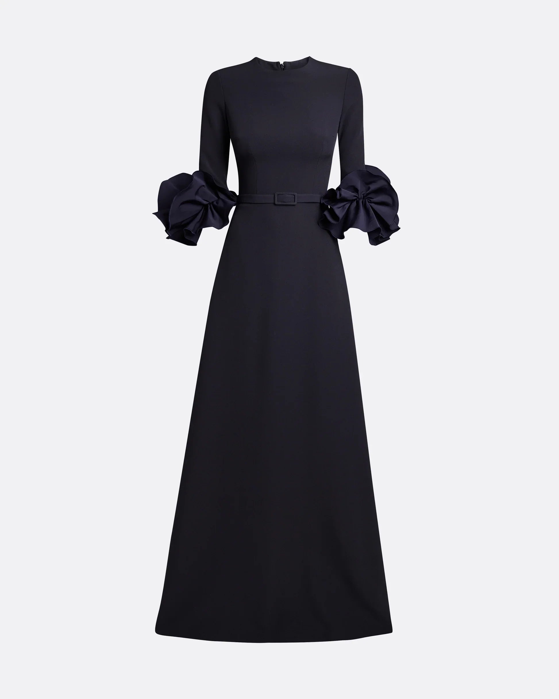 belted A-line gown with sculpted floral sleeves – RAVEN