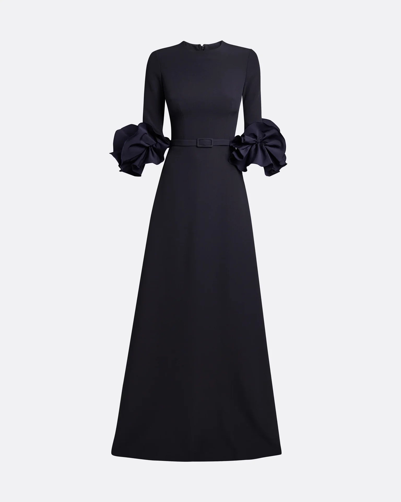 belted A-line gown with sculpted floral sleeves – RAVEN