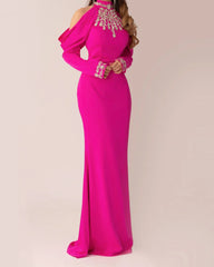 Embellished high-neck gown with draped sleeves – Lunan