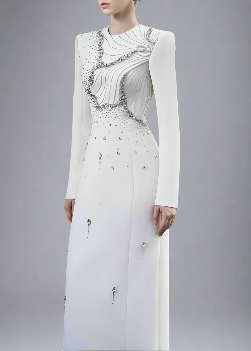 Long-Sleeve Column Dress with Embellished Floral Details - IVORY