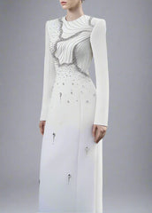Long-Sleeve Column Dress with Embellished Floral Details - IVORY