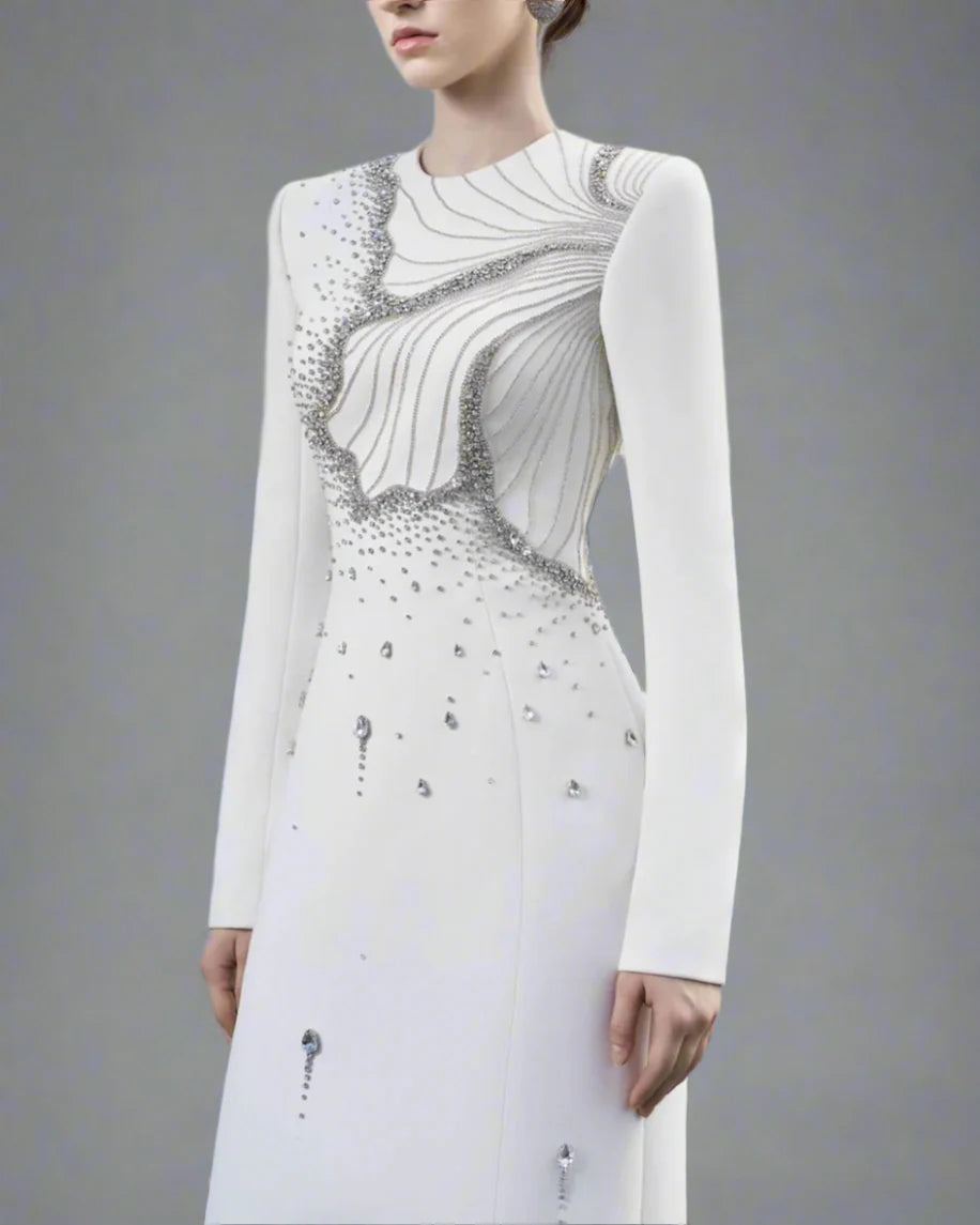 Long-Sleeve Column Dress with Embellished Floral Details - IVORY