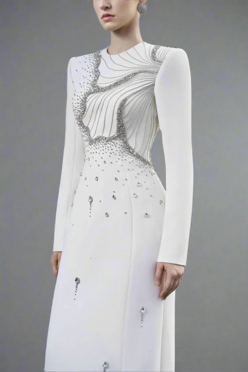 Long-Sleeve Column Dress with Embellished Floral Details - IVORY