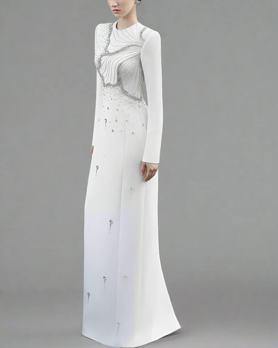 Long-Sleeve Column Dress with Embellished Floral Details - IVORY