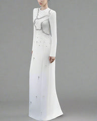 Long-Sleeve Column Dress with Embellished Floral Details - IVORY