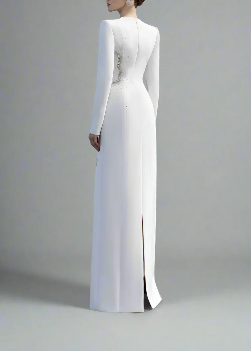 Long-Sleeve Column Dress with Embellished Floral Details - IVORY