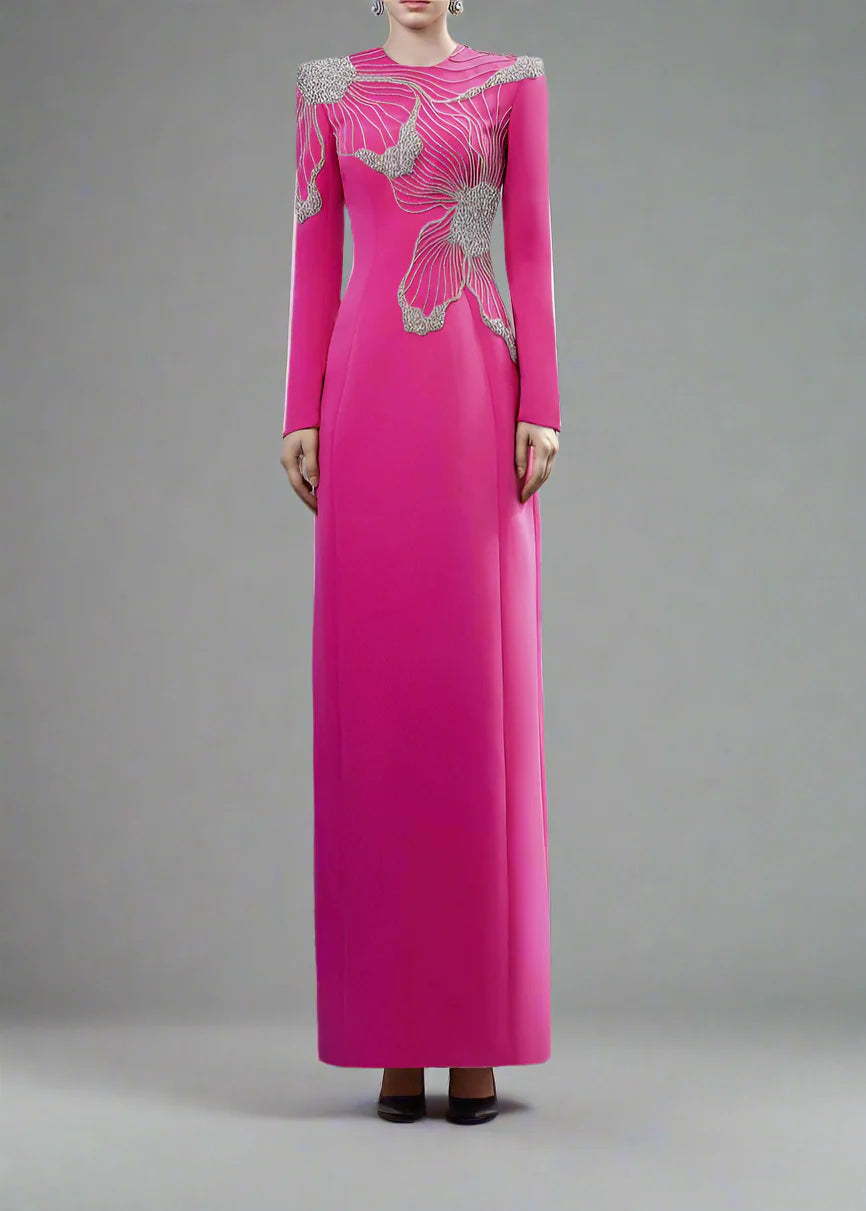Long-Sleeve Gown with Embellished Floral Design - FUCHSIA