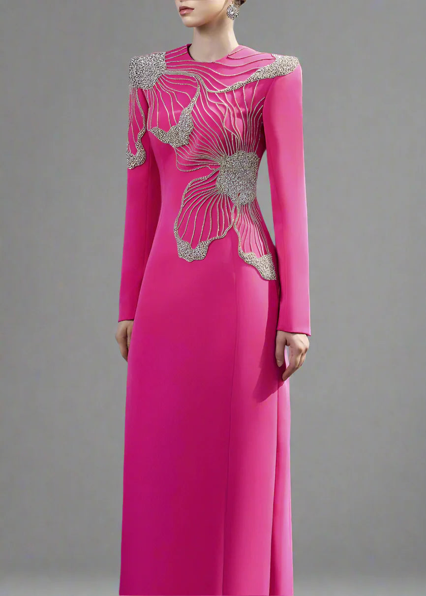 Long-Sleeve Gown with Embellished Floral Design - FUCHSIA