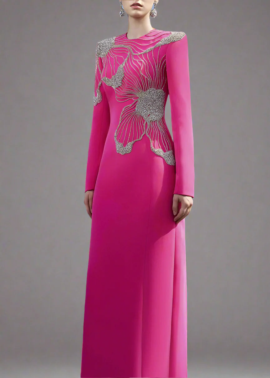 Long-Sleeve Gown with Embellished Floral Design - FUCHSIA
