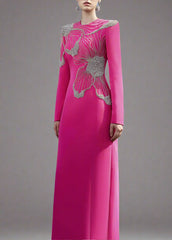 Long-Sleeve Gown with Embellished Floral Design - FUCHSIA