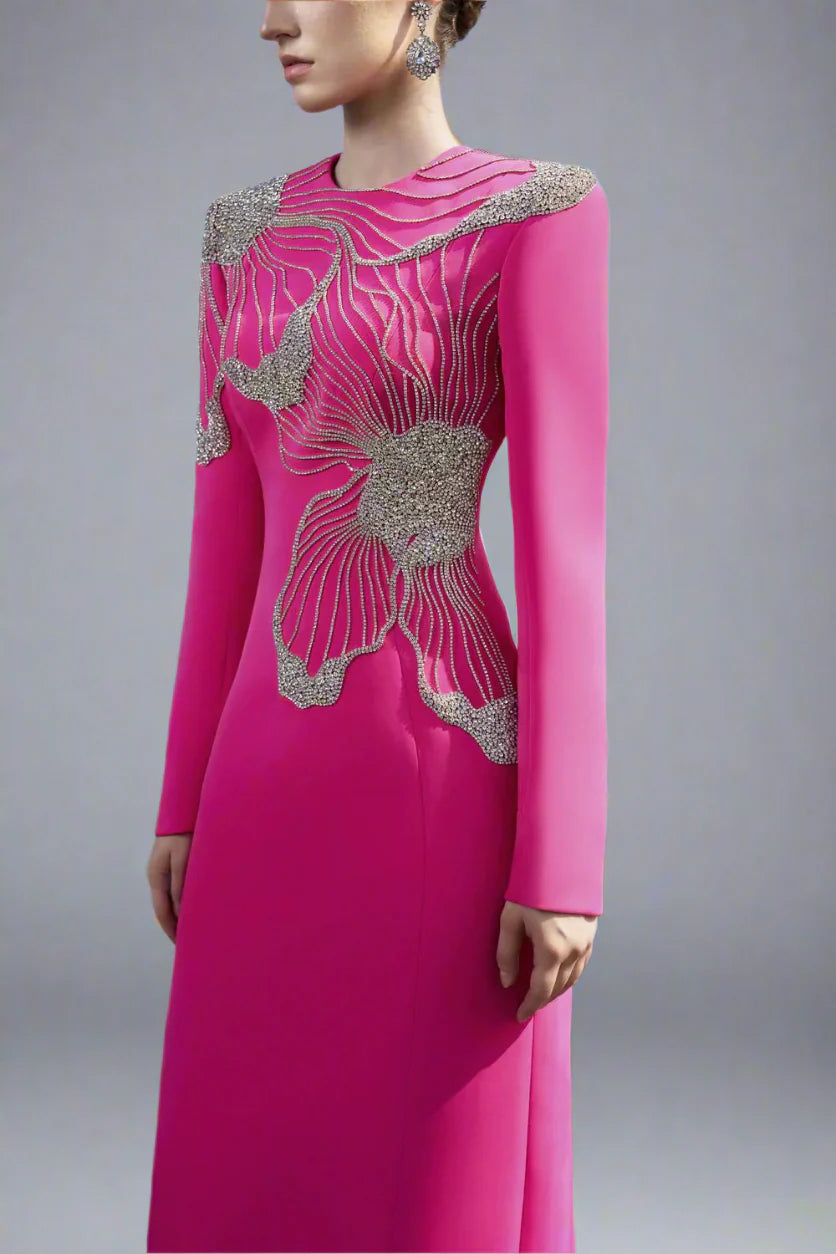 Long-Sleeve Gown with Embellished Floral Design - FUCHSIA