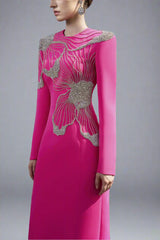 Long-Sleeve Gown with Embellished Floral Design - FUCHSIA