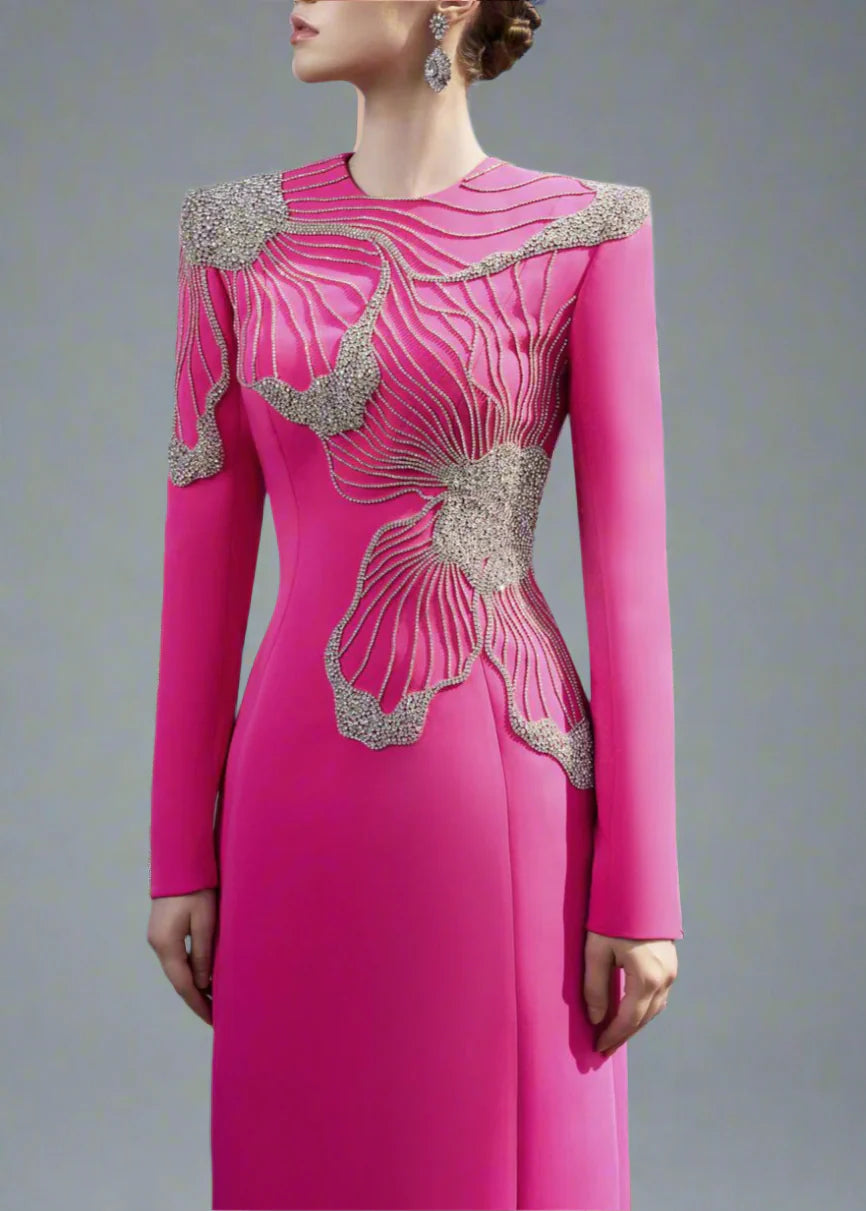 Long-Sleeve Gown with Embellished Floral Design - FUCHSIA