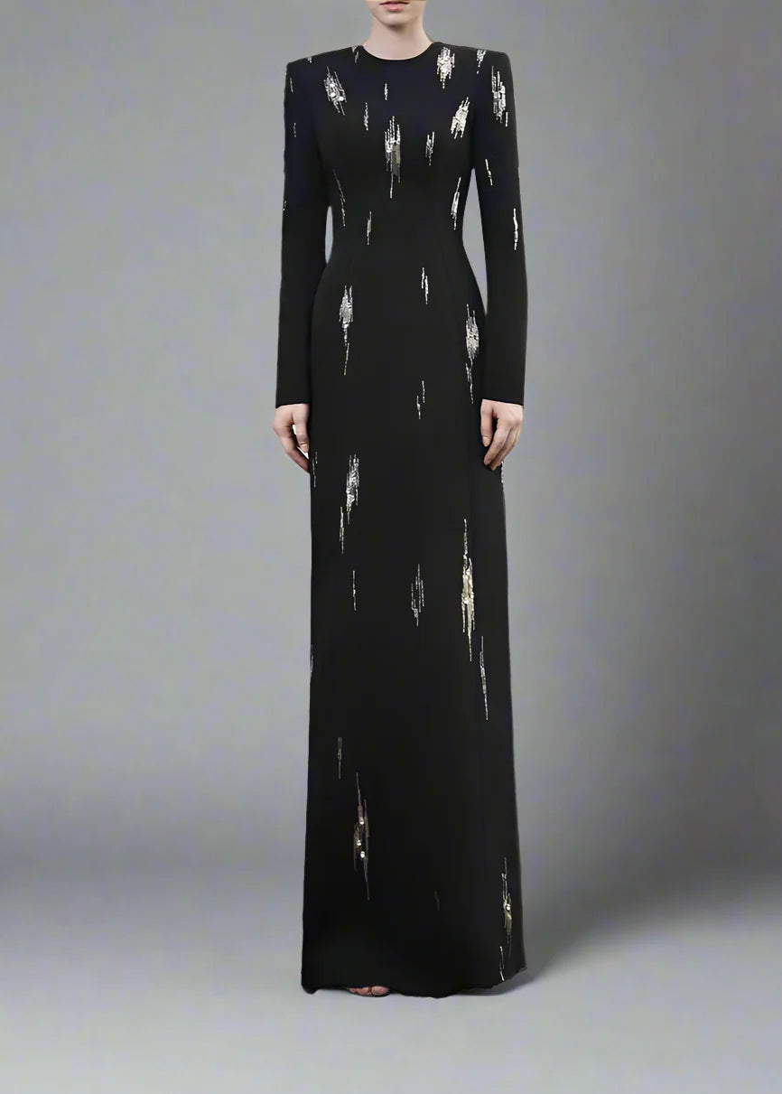 Long-Sleeve Column Dress with Metallic Embellishments - STELLAR