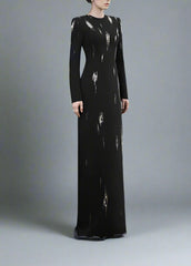Long-Sleeve Column Dress with Metallic Embellishments - STELLAR