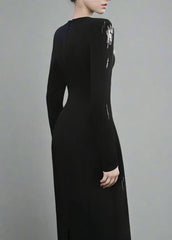 Long-Sleeve Column Dress with Metallic Embellishments - STELLAR