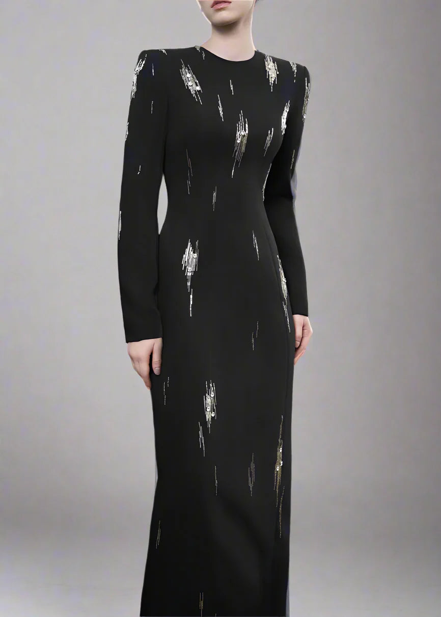 Long-Sleeve Column Dress with Metallic Embellishments - STELLAR