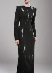 Long-Sleeve Column Dress with Metallic Embellishments - STELLAR