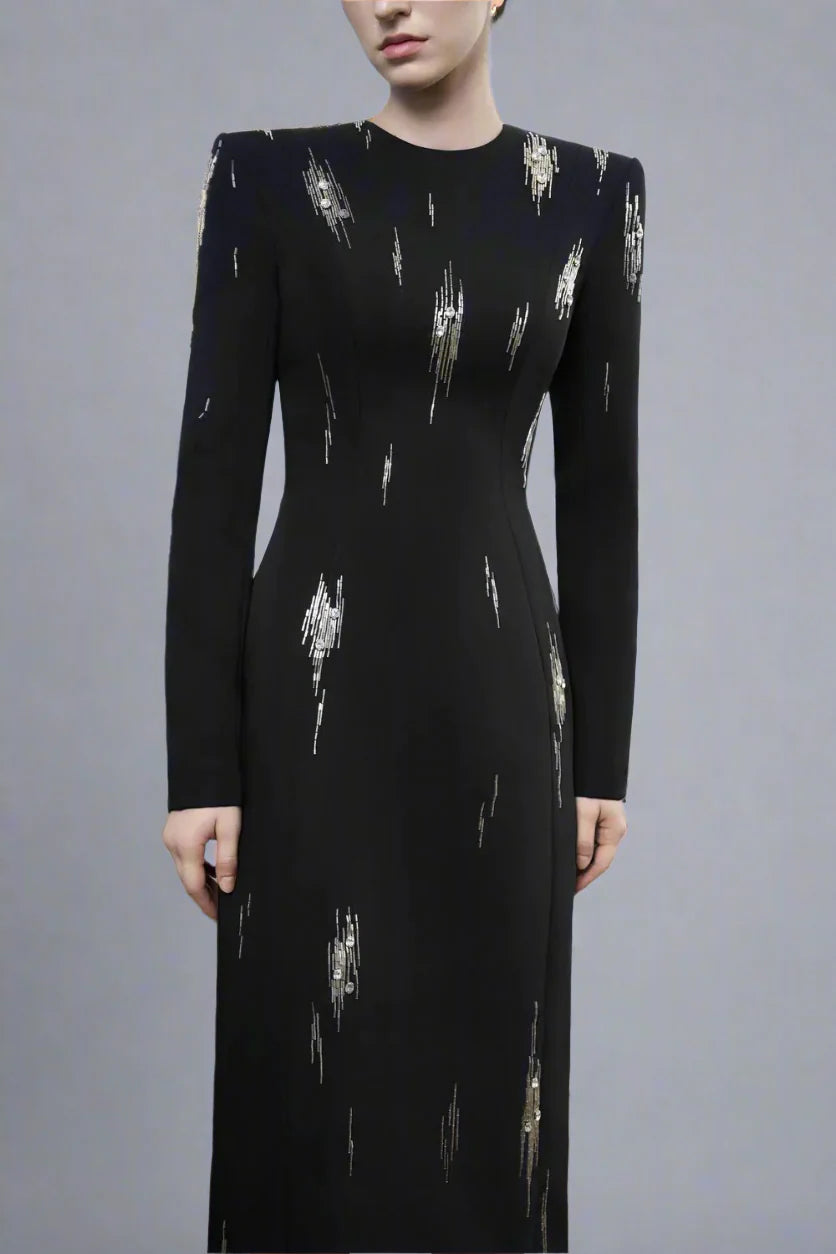 Long-Sleeve Column Dress with Metallic Embellishments - STELLAR