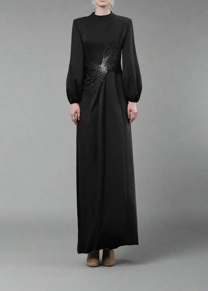 Balloon-Sleeve Gown with Embellished Waist - RADIANT