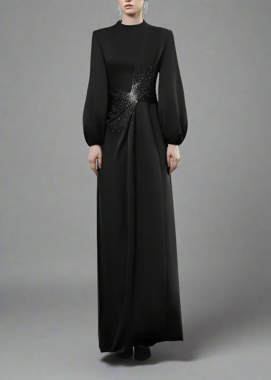 Balloon-Sleeve Gown with Embellished Waist - RADIANT