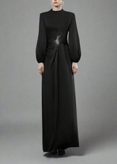 Balloon-Sleeve Gown with Embellished Waist - RADIANT
