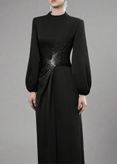 Balloon-Sleeve Gown with Embellished Waist - RADIANT